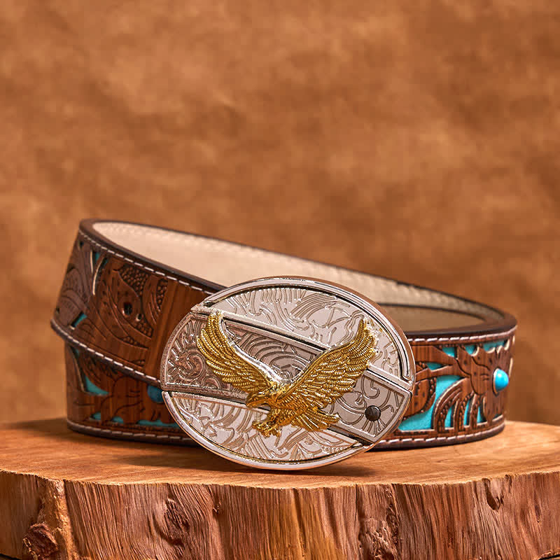 Ceinture en cuir pour homme avec couteau pliant caché en forme d'aigle doré et argenté - Aigle - Ceinture sculptée en turquoise - 42 - image 5