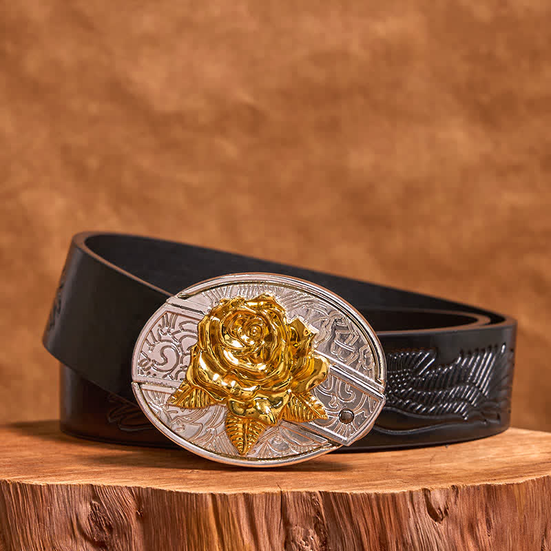 Ceinture en cuir pour homme avec couteau pliant dissimulé, motif rose doré et argenté (prévente)