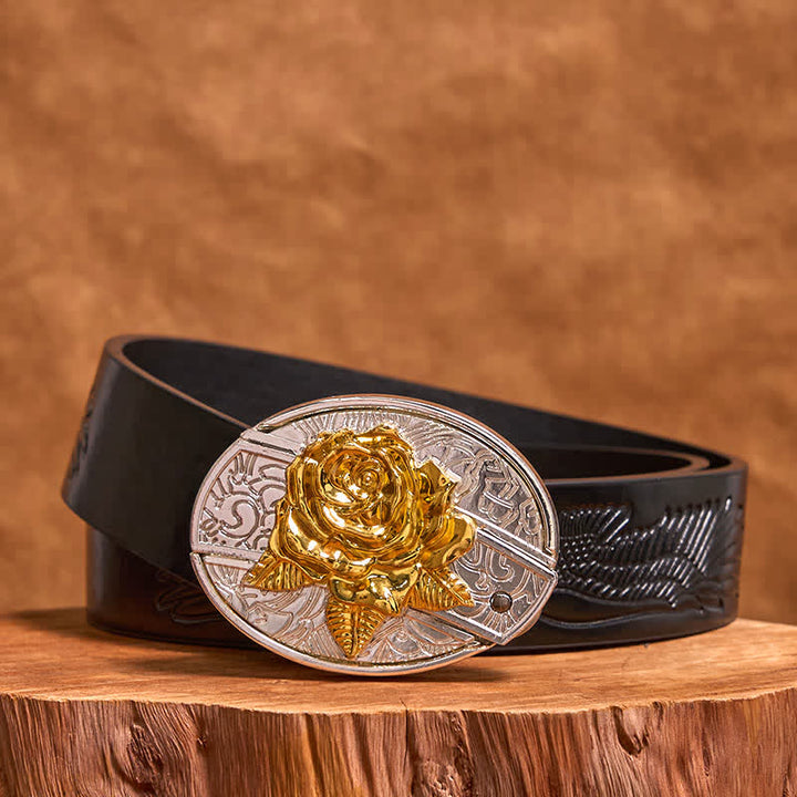 Ceinture en cuir pour homme avec couteau pliant dissimulé, motif rose doré et argenté (prévente)