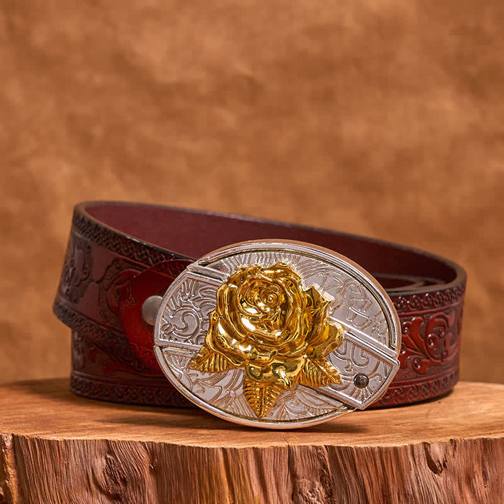 Ceinture en cuir pour homme avec couteau pliant dissimulé, motif rose doré et argenté (prévente)