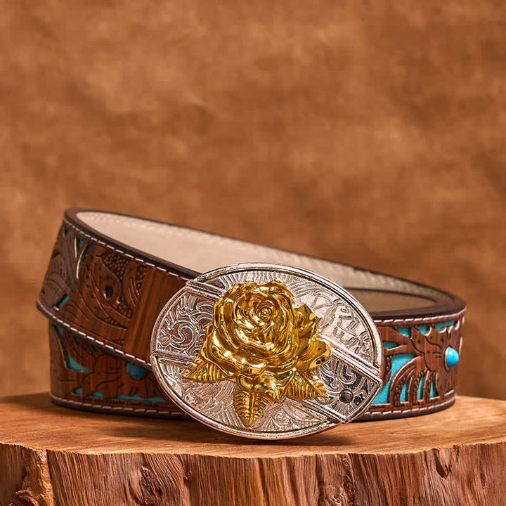 Ceinture en cuir pour homme avec couteau pliant dissimulé, motif rose doré et argenté (prévente)