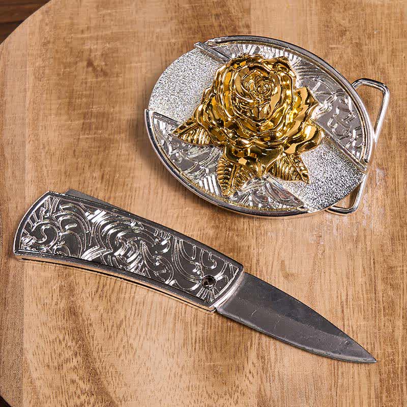 Ceinture en cuir pour homme avec couteau pliant caché et rose dorée et argentée - image 3