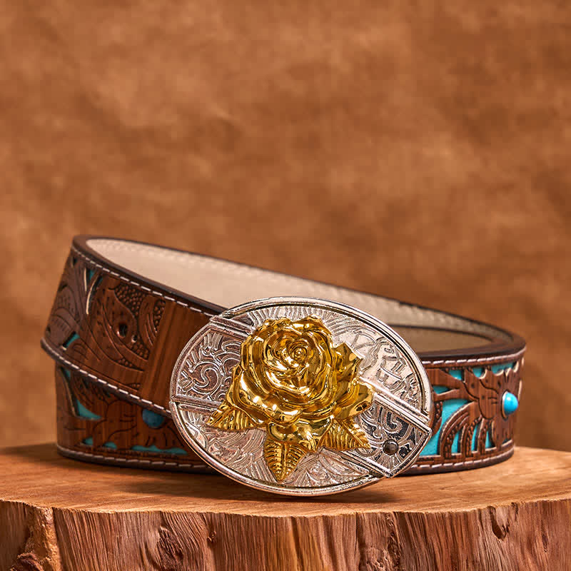 Ceinture en cuir pour homme avec couteau pliant caché et rose dorée et argentée - Rose - Ceinture sculptée en turquoise - 42 - image 5