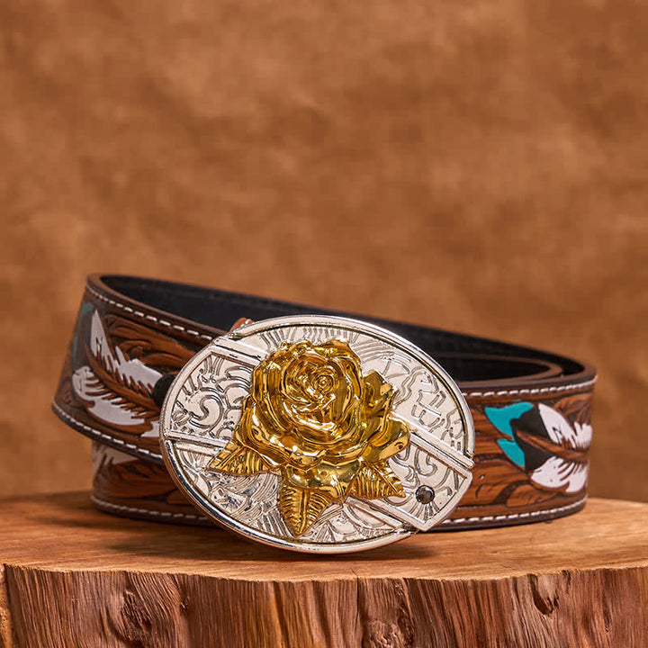 Ceinture en cuir pour homme avec couteau pliant dissimulé, motif rose doré et argenté (prévente)