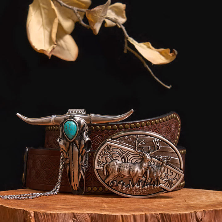 Ensemble pratique de pendentif en turquoise Longhorn Bull à boucle de couteau cachée à faire soi-même - Cerfs doubles - Ceinture à rivets marron - 40 - image 12