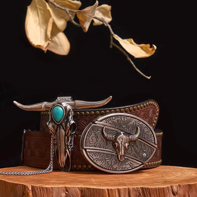 Ensemble pratique de pendentif en turquoise Longhorn Bull à boucle de couteau cachée à faire soi-même - Taureau - Ceinture à rivets marron - 40 - image 26