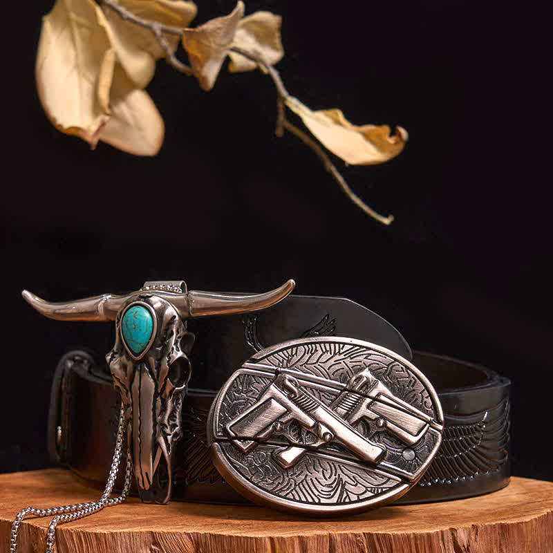 Ensemble pratique de pendentif en turquoise Longhorn Bull à boucle de couteau cachée à faire soi-même - Pistolets doubles - Ceinture noire avec aigle en relief - 40 - image 31