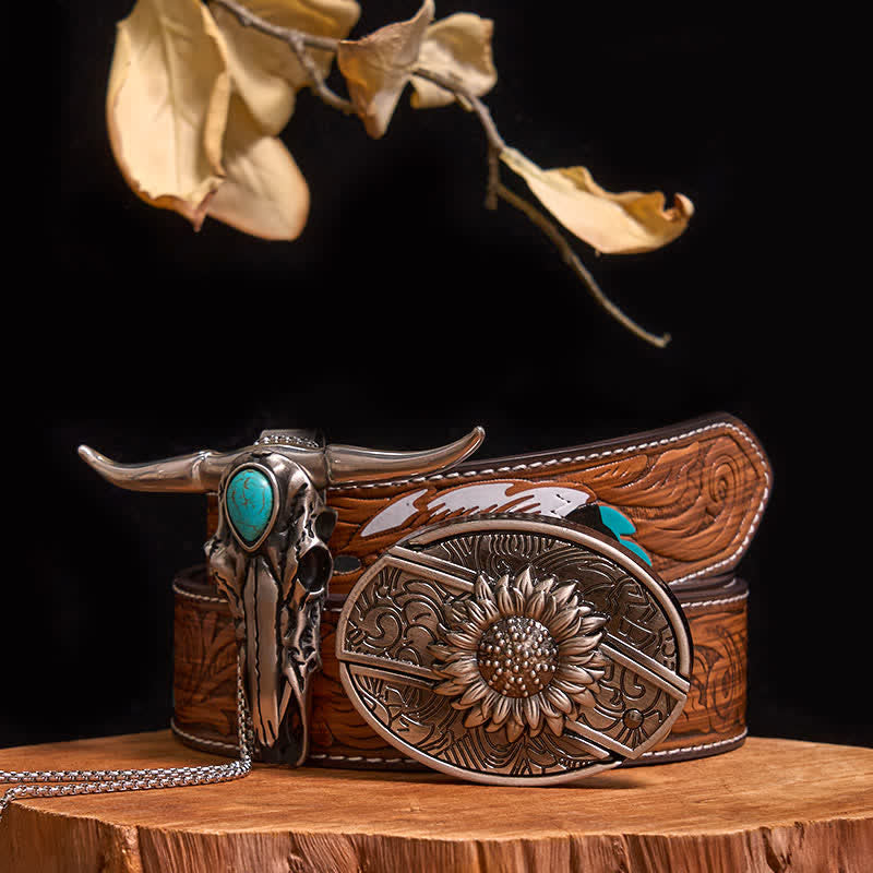 Ensemble pratique de pendentif en turquoise Longhorn Bull à boucle de couteau cachée à faire soi-même - Tournesol - Ceinture à plumes marron - 40 - image 8