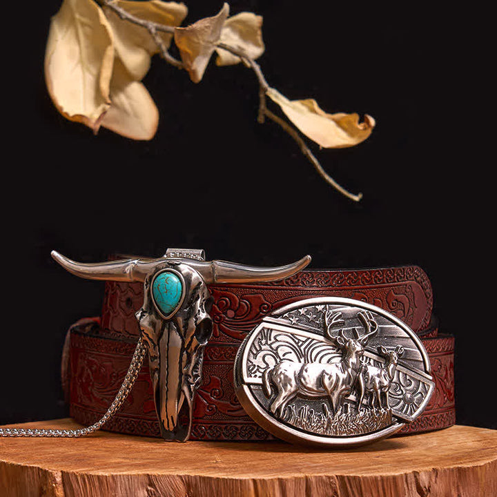 Ensemble pratique de pendentif en turquoise Longhorn Bull à boucle de couteau cachée à faire soi-même - Cerfs doubles - Ceinture marron sculptée - 40 - image 14