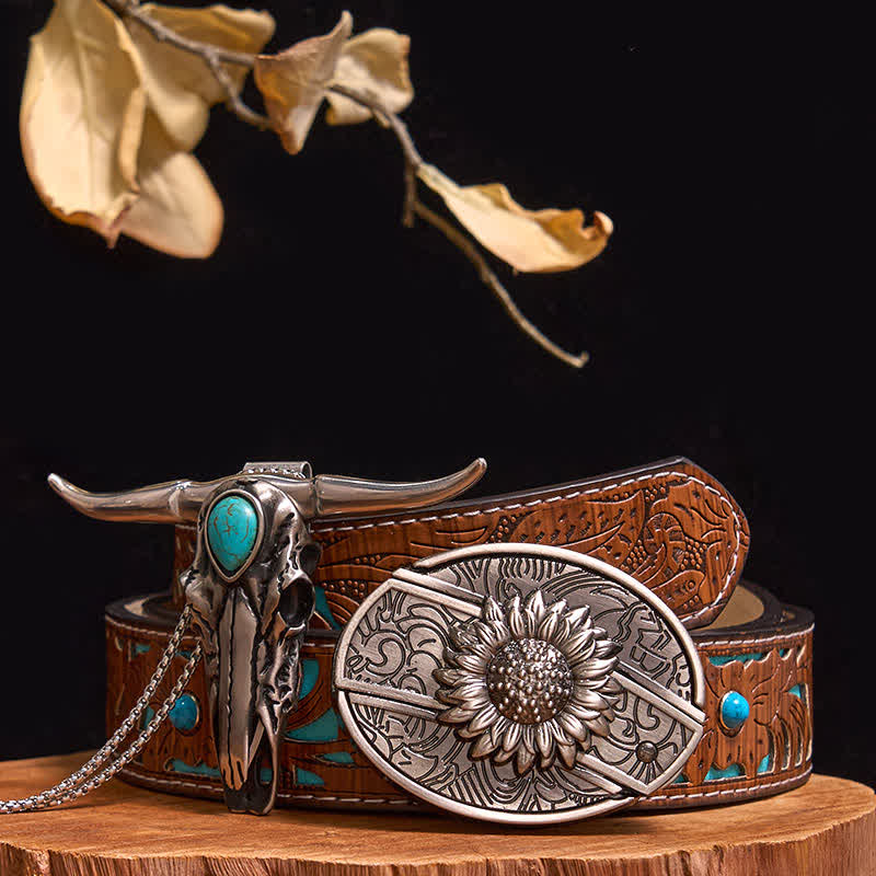 Ensemble pratique de pendentif en turquoise Longhorn Bull à boucle de couteau cachée à faire soi-même - Tournesol - Ceinture sculptée en turquoise - 40 - image 4