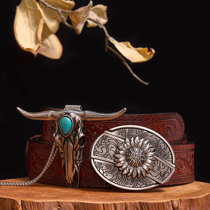 Ensemble pratique de pendentif en turquoise Longhorn Bull à boucle de couteau cachée à faire soi-même - Tournesol - Ceinture marron sculptée - 40 - image 7
