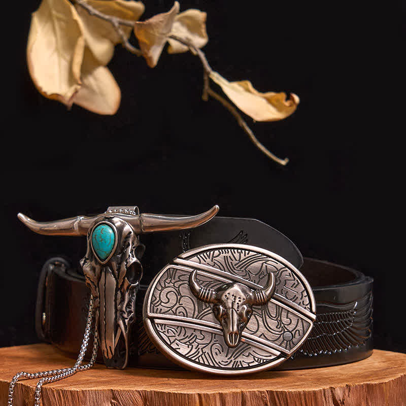 Ensemble pratique de pendentif en turquoise Longhorn Bull à boucle de couteau cachée à faire soi-même - Taureau - Ceinture noire avec aigle en relief - 40 - image 24