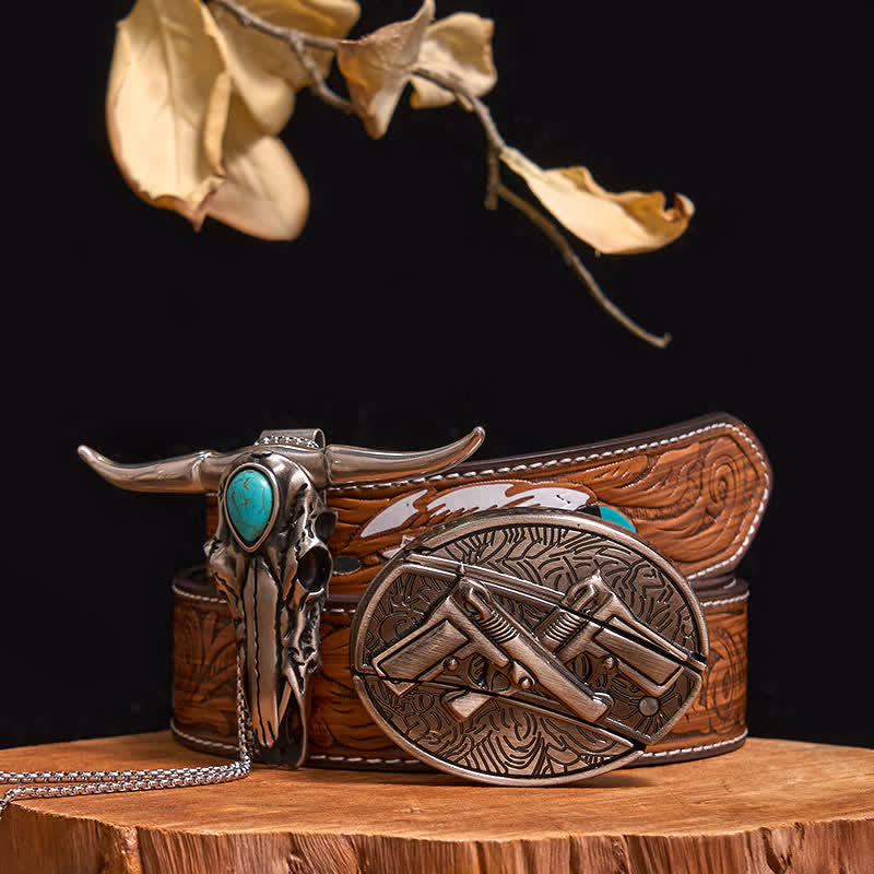 Ensemble pratique de pendentif en turquoise Longhorn Bull à boucle de couteau cachée à faire soi-même - Pistolets doubles - Ceinture à plumes marron - 40 - image 36
