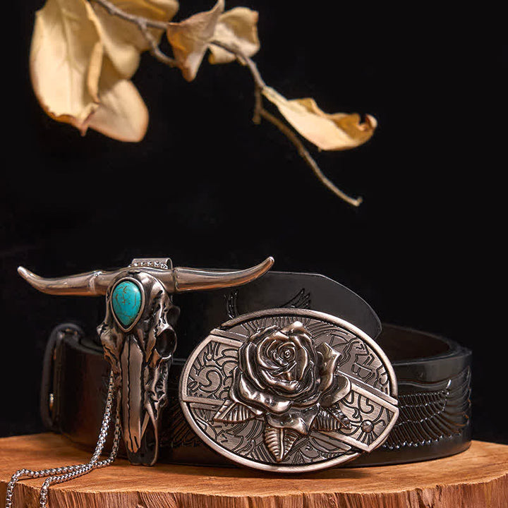 Ensemble pratique de pendentif en turquoise Longhorn Bull à boucle de couteau cachée à faire soi-même - Rose - Ceinture noire avec aigle en relief - 40 - image 17