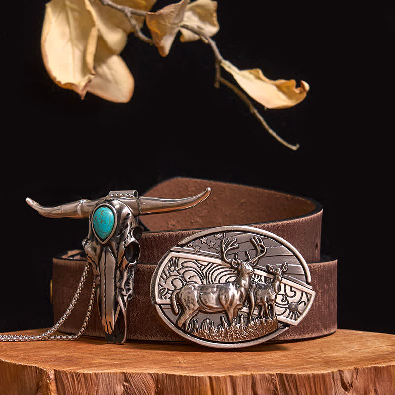 Ensemble pratique de pendentif en turquoise Longhorn Bull à boucle de couteau cachée à faire soi-même - Cerfs doubles - Ceinture marron vieillie - 40 - image 13