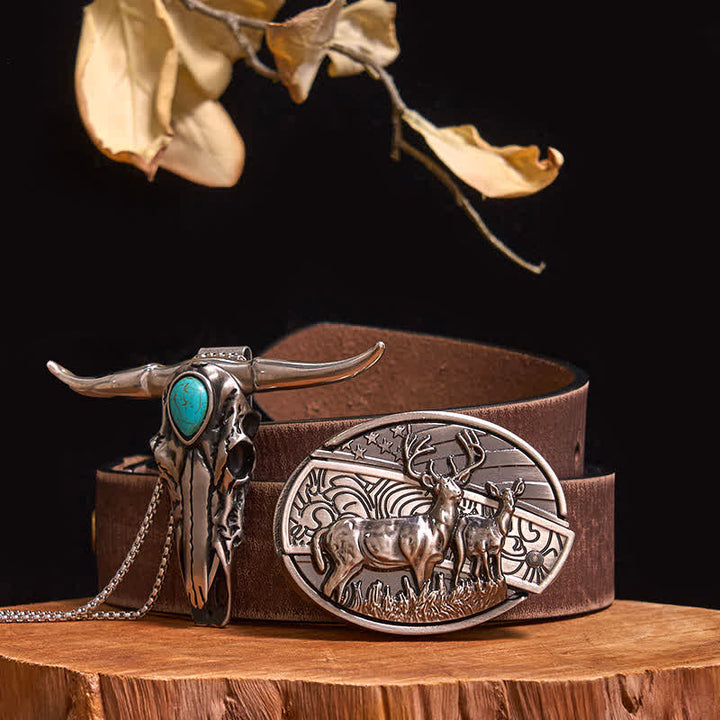 Ensemble pratique de pendentif en turquoise Longhorn Bull à boucle de couteau cachée à faire soi-même - Cerfs doubles - Ceinture marron vieillie - 40 - image 13