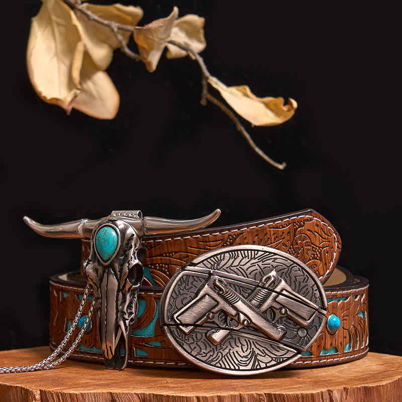 Ensemble pratique de pendentif en turquoise Longhorn Bull à boucle de couteau cachée à faire soi-même - Pistolets doubles - Ceinture à rivets marron - 40 - image 33