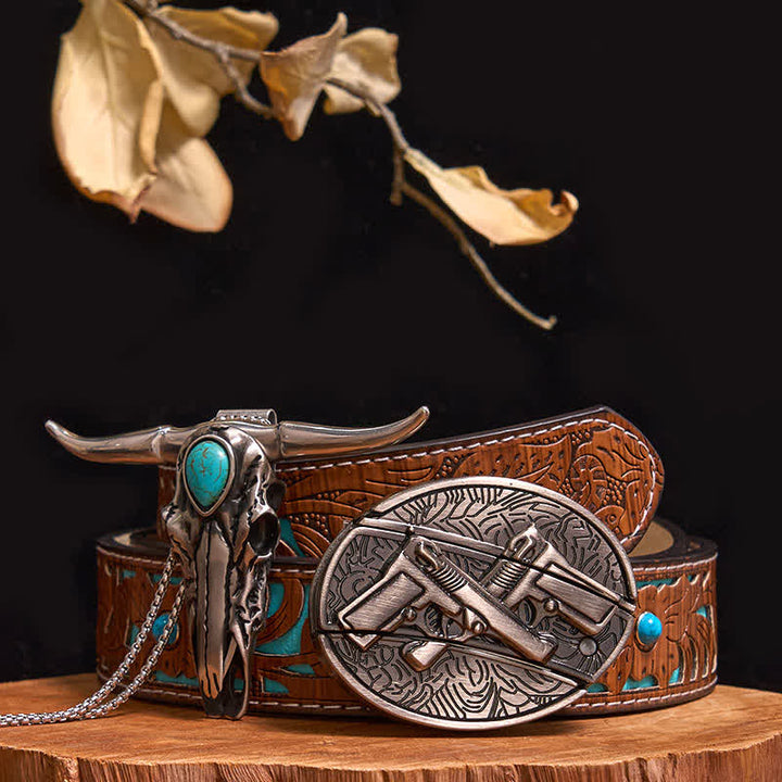 Ensemble pratique de pendentif en turquoise Longhorn Bull à boucle de couteau cachée à faire soi-même - Pistolets doubles - Ceinture à rivets marron - 40 - image 33