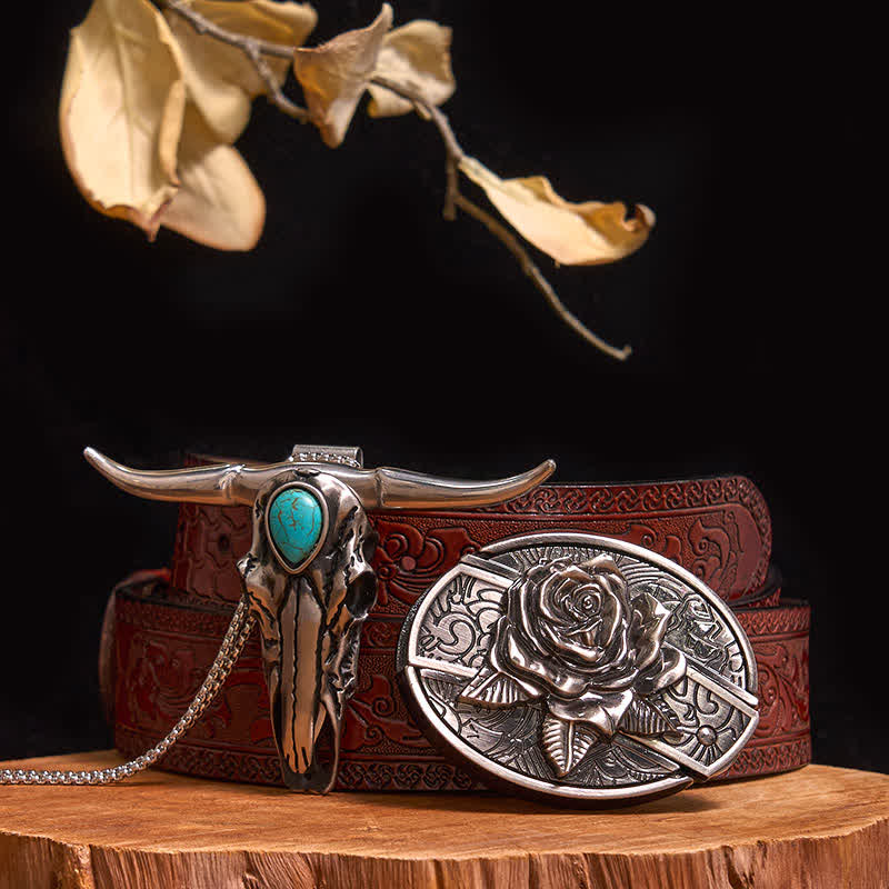 Ensemble pratique de pendentif en turquoise Longhorn Bull à boucle de couteau cachée à faire soi-même - Rose - Ceinture marron sculptée - 40 - image 21