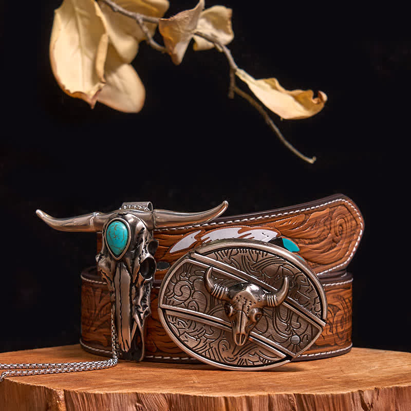 Ensemble pratique de pendentif en turquoise Longhorn Bull à boucle de couteau cachée à faire soi-même - Taureau - Ceinture à plumes marron - 40 - image 29