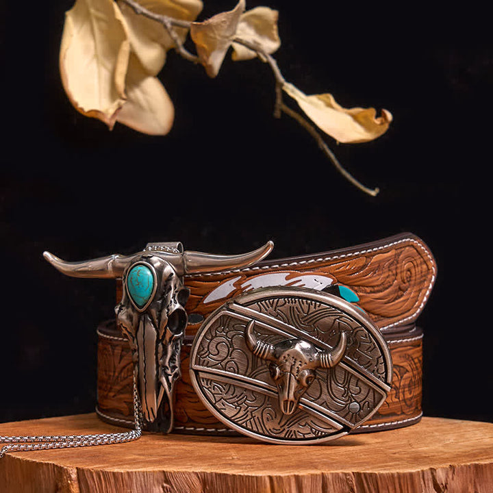 Ensemble pratique de pendentif en turquoise Longhorn Bull à boucle de couteau cachée à faire soi-même - Taureau - Ceinture à plumes marron - 40 - image 29