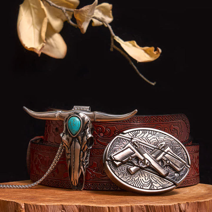 Ensemble pratique de pendentif en turquoise Longhorn Bull à boucle de couteau cachée à faire soi-même - Pistolets doubles - Ceinture marron sculptée - 40 - image 35