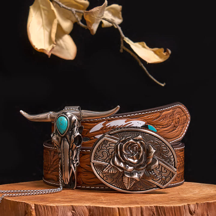 Ensemble pratique de pendentif en turquoise Longhorn Bull à boucle de couteau cachée à faire soi-même - Rose - Ceinture à plumes marron - 40 - image 22