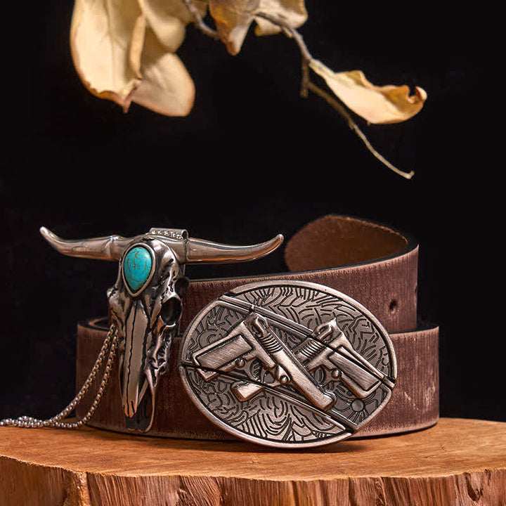 Ensemble pratique de pendentif en turquoise Longhorn Bull à boucle de couteau cachée à faire soi-même - Pistolets doubles - Ceinture marron vieillie - 40 - image 34