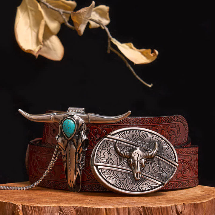 Ensemble pratique de pendentif en turquoise Longhorn Bull à boucle de couteau cachée à faire soi-même - Taureau - Ceinture marron sculptée - 40 - image 28