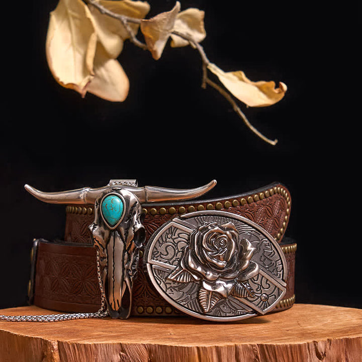 Ensemble pratique de pendentif en turquoise Longhorn Bull à boucle de couteau cachée à faire soi-même - Rose - Ceinture à rivets marron - 40 - image 19