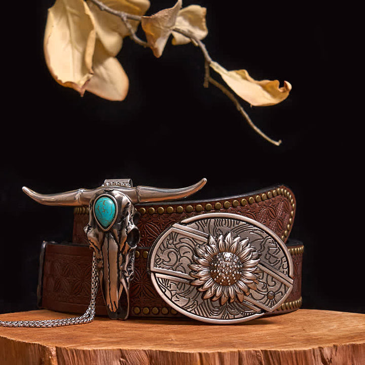 Ensemble pratique de pendentif en turquoise Longhorn Bull à boucle de couteau cachée à faire soi-même - Tournesol - Ceinture à rivets marron - 40 - image 5