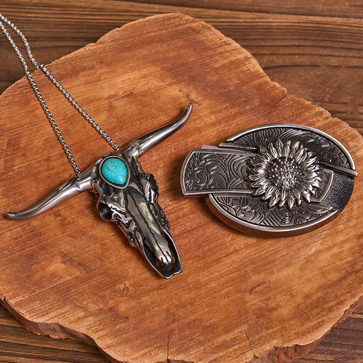 Ensemble pratique de pendentifs en forme de taureau à longues cornes turquoise, avec boucle de couteau cachée, à faire soi-même - Tournesol - Sans ceinture - Ceinture non incluse - image 1