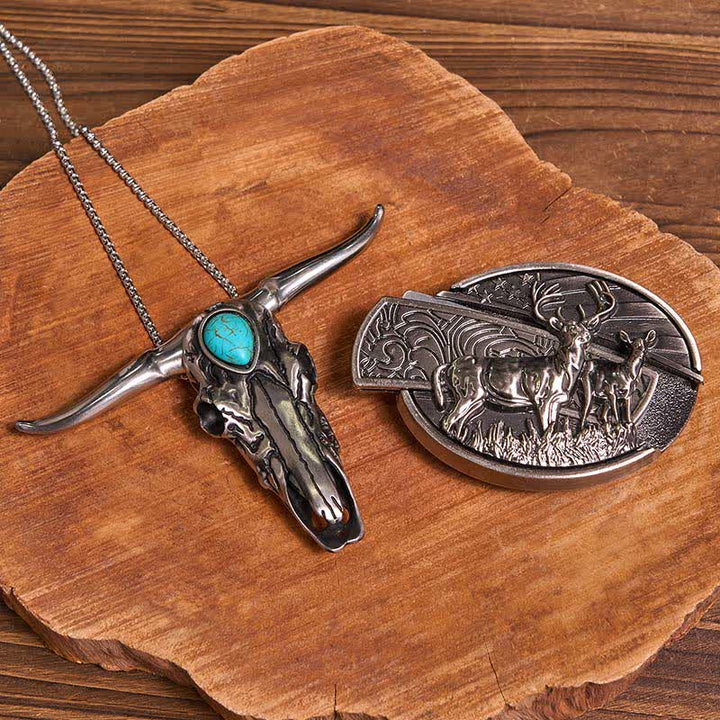 Ensemble pratique de pendentifs en forme de taureau à longues cornes turquoise, avec boucle de couteau cachée, à faire soi-même - Cerfs doubles - Sans ceinture - Ceinture non incluse - image 9