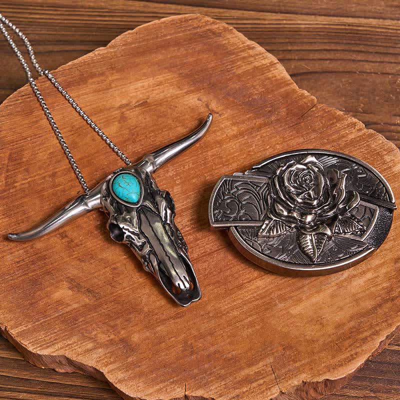 Ensemble pratique de pendentifs en forme de taureau à longues cornes turquoise, avec boucle de couteau cachée, à faire soi-même