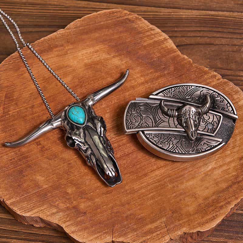 Ensemble pratique de pendentifs en forme de taureau à longues cornes turquoise, avec boucle de couteau cachée, à faire soi-même