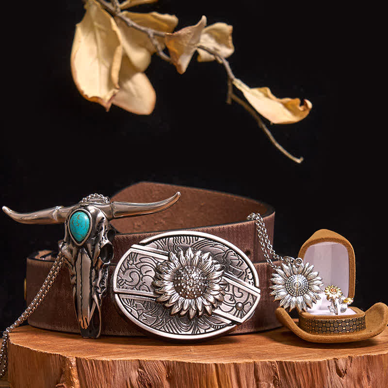 Ensemble de boucles de ceinture à couteau caché DIY sur le thème du tournesol avec pendentif taureau turquoise - Tournesol - Ceinture marron vieillie - 42 - image 8