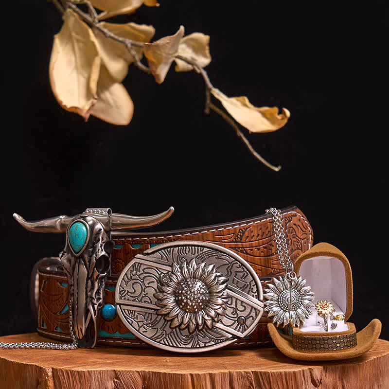Ensemble de boucles de ceinture à motif tournesol avec couteau caché et pendentif taureau turquoise (PRÉVENTE) - Tournesol - Ceinture sculptée en turquoise - 42 - image 6