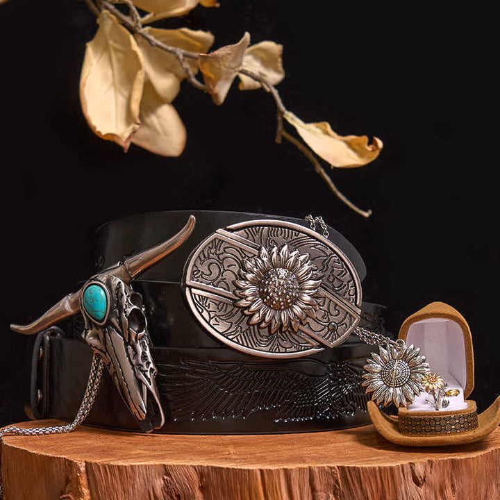 Ensemble de boucles de ceinture à motif tournesol avec couteau caché et pendentif taureau turquoise (PRÉVENTE) - Tournesol - Ceinture noire avec aigle en relief - 42 - image 0