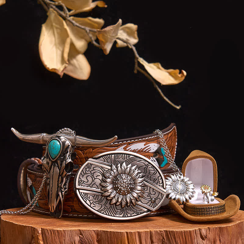 Ensemble de boucles de ceinture à couteau caché DIY sur le thème du tournesol avec pendentif taureau turquoise - Tournesol - Ceinture à plumes marron - 40 - image 10