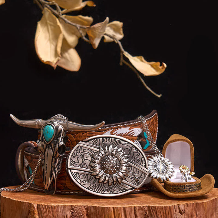 Ensemble de boucles de ceinture à couteau caché DIY sur le thème du tournesol avec pendentif taureau turquoise - Tournesol - Ceinture à plumes marron - 40 - image 10