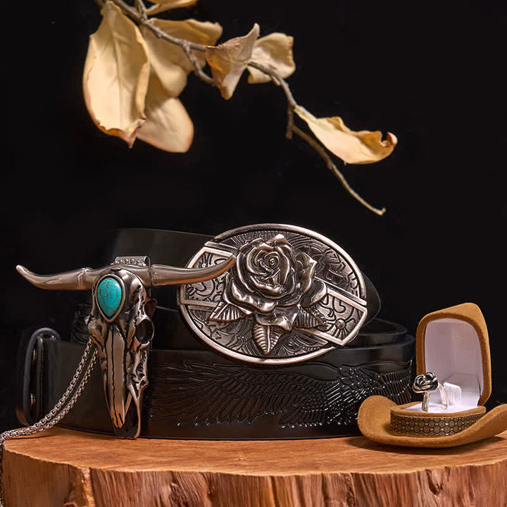 Ensemble de boucles de ceinture à couteau caché sur le thème des roses, avec pendentif taureau turquoise et couteau dissimulé (à faire soi-même) - Rose - Ceinture noire avec aigle en relief - 42 - image 0