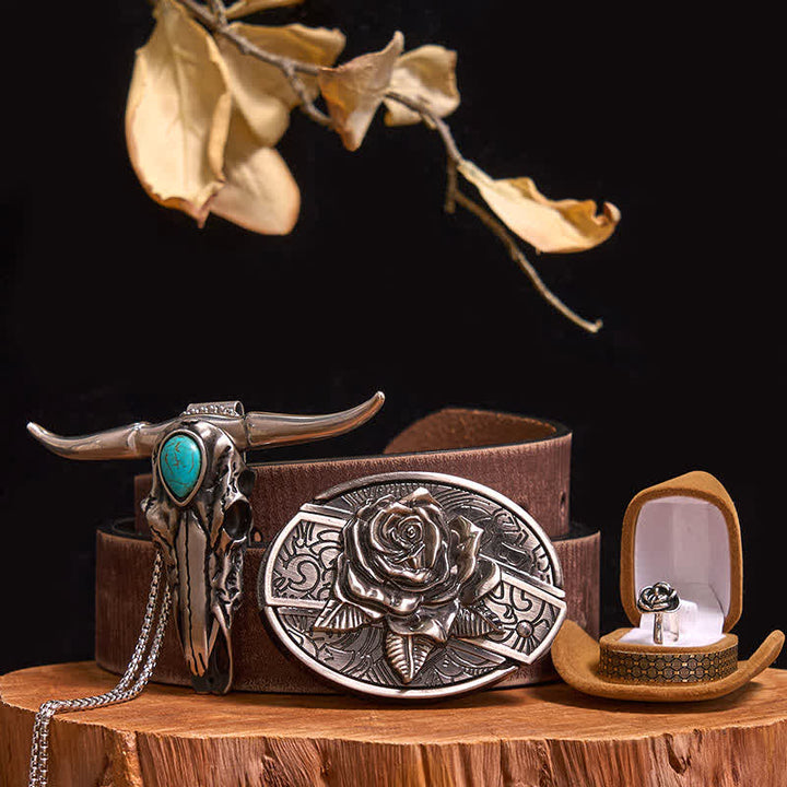 Ensemble de boucles de ceinture à couteau caché sur le thème des roses, avec pendentif taureau turquoise et couteau dissimulé (à faire soi-même) - Rose - Ceinture marron vieillie - 42 - image 8