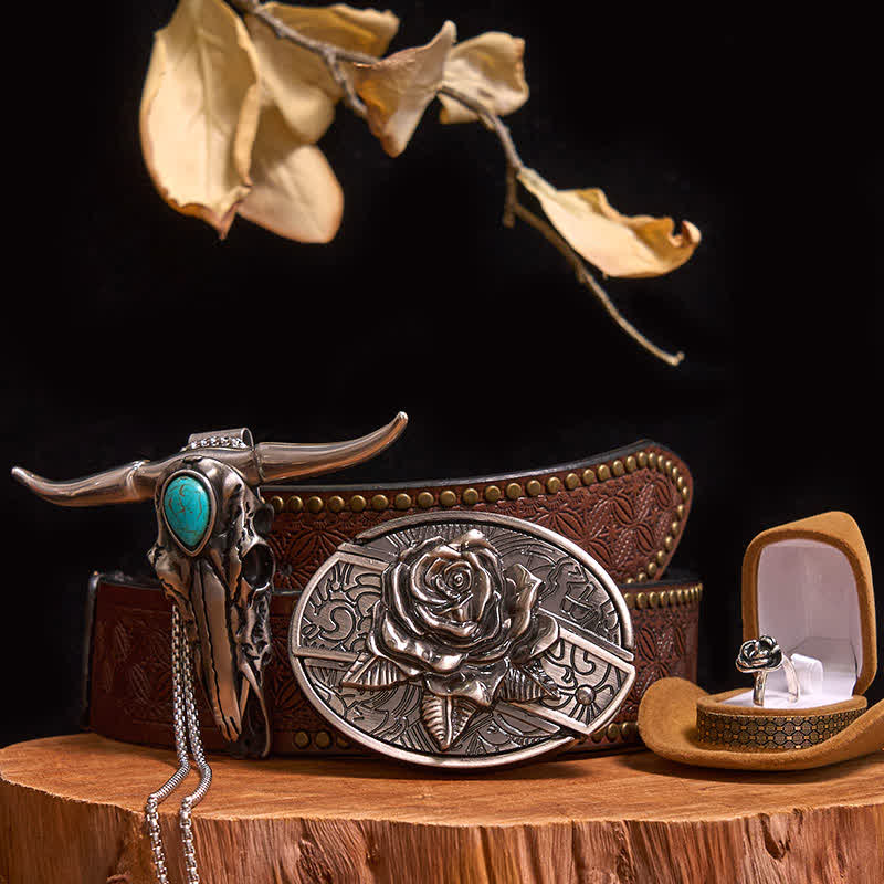 Ensemble de boucles de ceinture à motif rose avec couteau caché et pendentif taureau turquoise (PRÉVENTE) - Rose - Ceinture à rivets marron - 42 - image 7