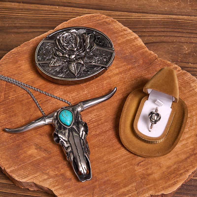 Ensemble de boucles de ceinture à couteau caché sur le thème des roses, avec pendentif taureau turquoise et couteau dissimulé (à faire soi-même) - Rose - Sans ceinture - Ceinture non incluse - image 1