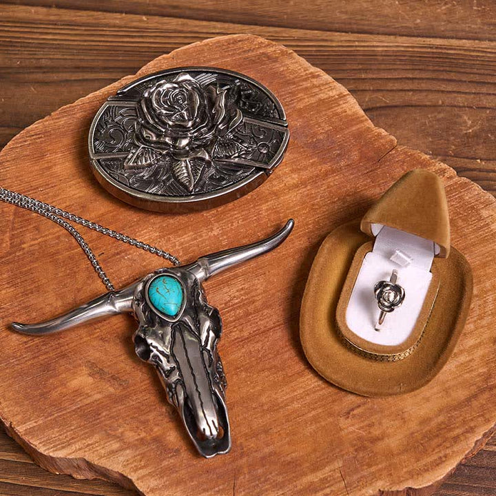 Ensemble de boucles de ceinture à couteau caché sur le thème des roses, avec pendentif taureau turquoise et couteau dissimulé (à faire soi-même) - Rose - Sans ceinture - Ceinture non incluse - image 1