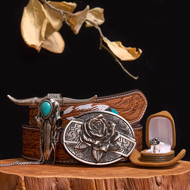 Ensemble de boucles de ceinture à couteau caché sur le thème des roses, avec pendentif taureau turquoise et couteau dissimulé (à faire soi-même) - Rose - Ceinture à plumes marron - 40 - image 9