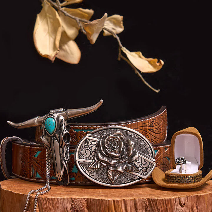 Ensemble de boucles de ceinture à motif rose avec couteau caché et pendentif taureau turquoise (PRÉVENTE) - Rose - Ceinture sculptée en turquoise - 42 - image 6