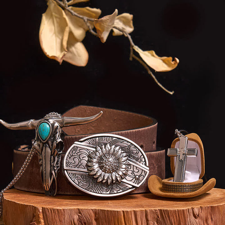 Ensemble de boucles de ceinture à couteau caché DIY avec pendentif taureau turquoise et collier croix - Tournesol - Ceinture marron vieillie - 42 - image 0