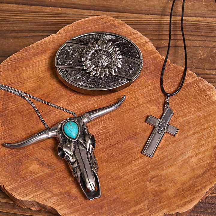 Ensemble de boucles de ceinture à couteau caché DIY avec pendentif taureau turquoise et collier croix - image 2