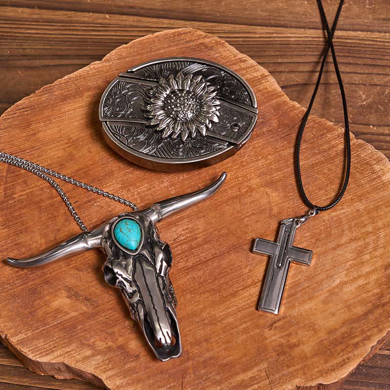 Ensemble de boucles de ceinture à couteau caché DIY avec pendentif taureau turquoise et collier croix - Tournesol - Sans ceinture - Ceinture non incluse - image 1